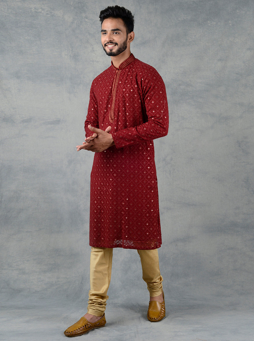 Elegant maroon Lucknowi kurta for USA men, in premium Georgette.