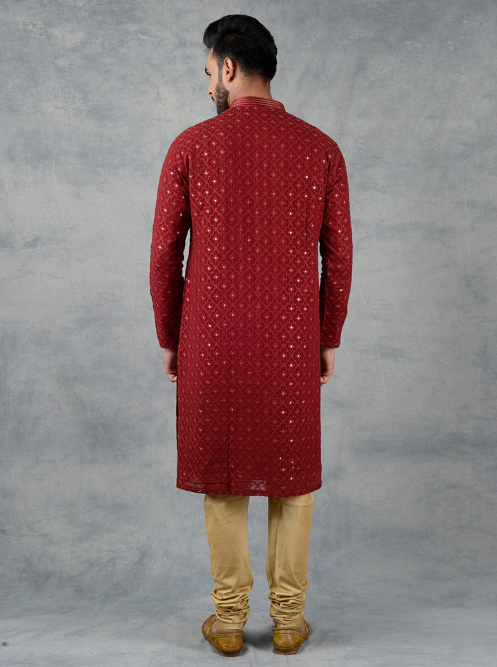 Wedding kurta set in maroon with Lucknowi embroidery for USA men.