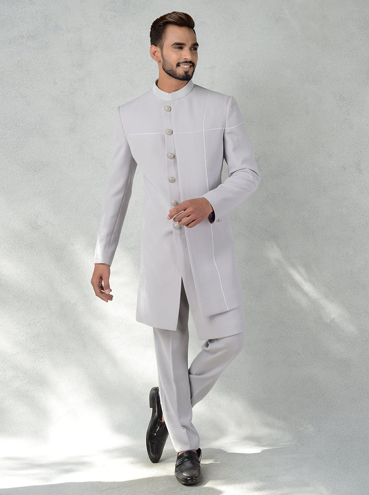 Grey Indo-Western ethnic wear for men, featuring cutdana embroidery and minimalist design.