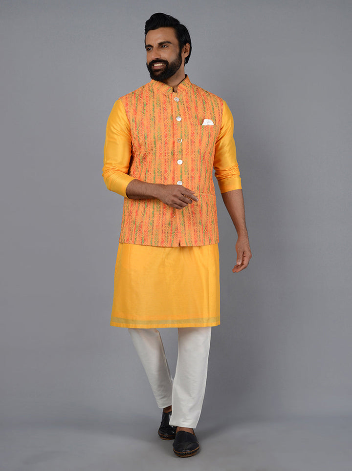 Crafted from premium silk blend, this Yellow Bandhgala features stunning embroidery for a classic touch.