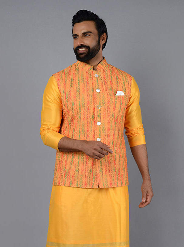 Premium Yellow Bandhgala Jacket | Silk Blend for Haldi & Pooja Events