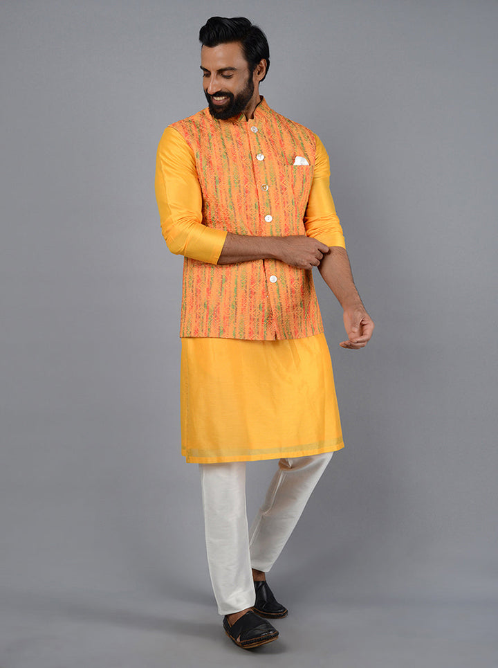 Experience elegance in this Yellow Bandhgala, ideal for traditional haldi and pooja ceremonies.